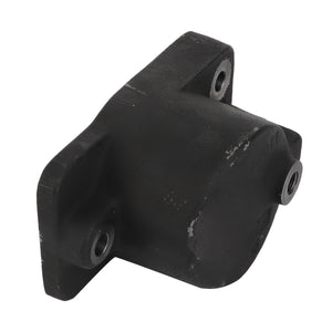 A sleek black metal AGCO component, the Cylinder, Top Complete - F716150070050, features four well-placed bolt holes and a prominent protruding cylindrical section.