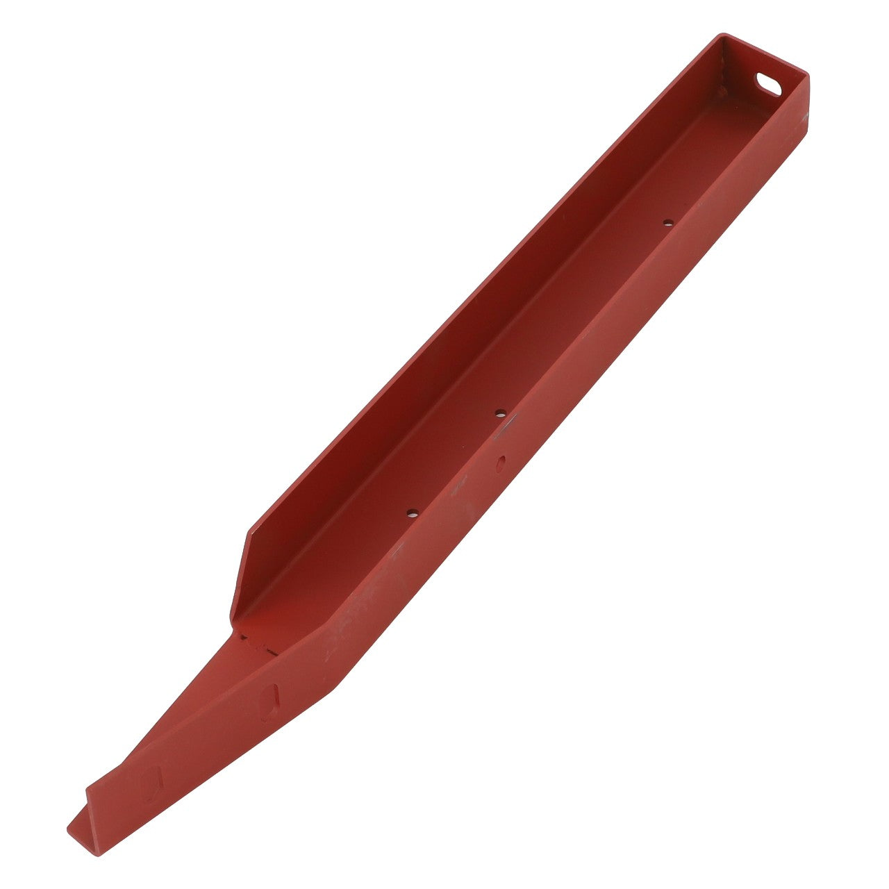 The AGCO BRACKET - D28180479 is a red, rectangular metal bracket featuring a beveled end and multiple small holes along its length.