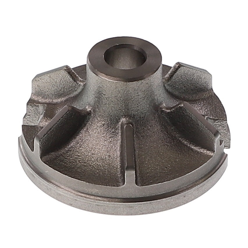 A close-up of the AGCO Water Pump Impeller - V836120933, featuring a central hole and multiple curved fins extending outward.