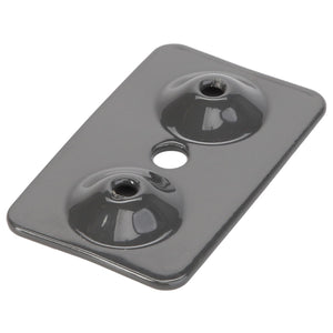 A rectangular grey metal plate named AGCO Bracket - Acx235011A by the brand AGCO, with two raised circular indentations each featuring a central hole, plus an additional hole in the middle.