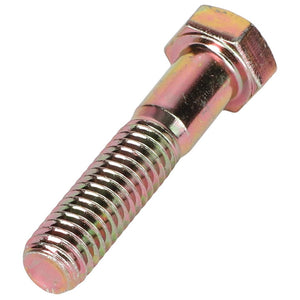 A detailed close-up of the AGCO HEXAGONAL HEAD BOLT - AG558869, showcasing its metallic finish, partially threaded shank, and hexagonal head.