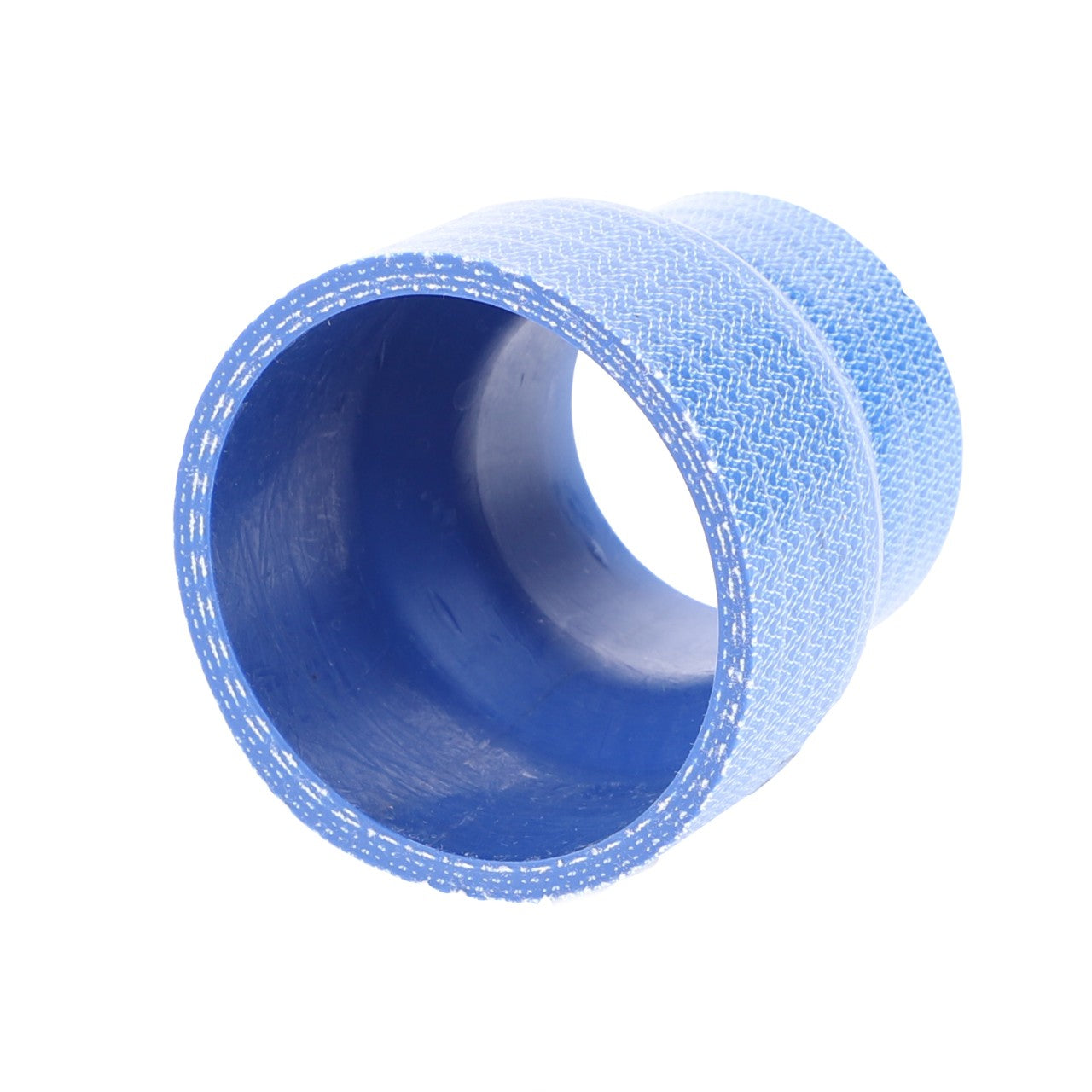 The AGCO Hose for Air (4273020M1) is a blue, aramide-reinforced silicone hose featuring a widened opening on one end and a narrower end. Its surface has a textured, woven pattern, making it ideal for Fendt Massey Ferguson Valtra or other AGCO Genuine Cooling Hoses.