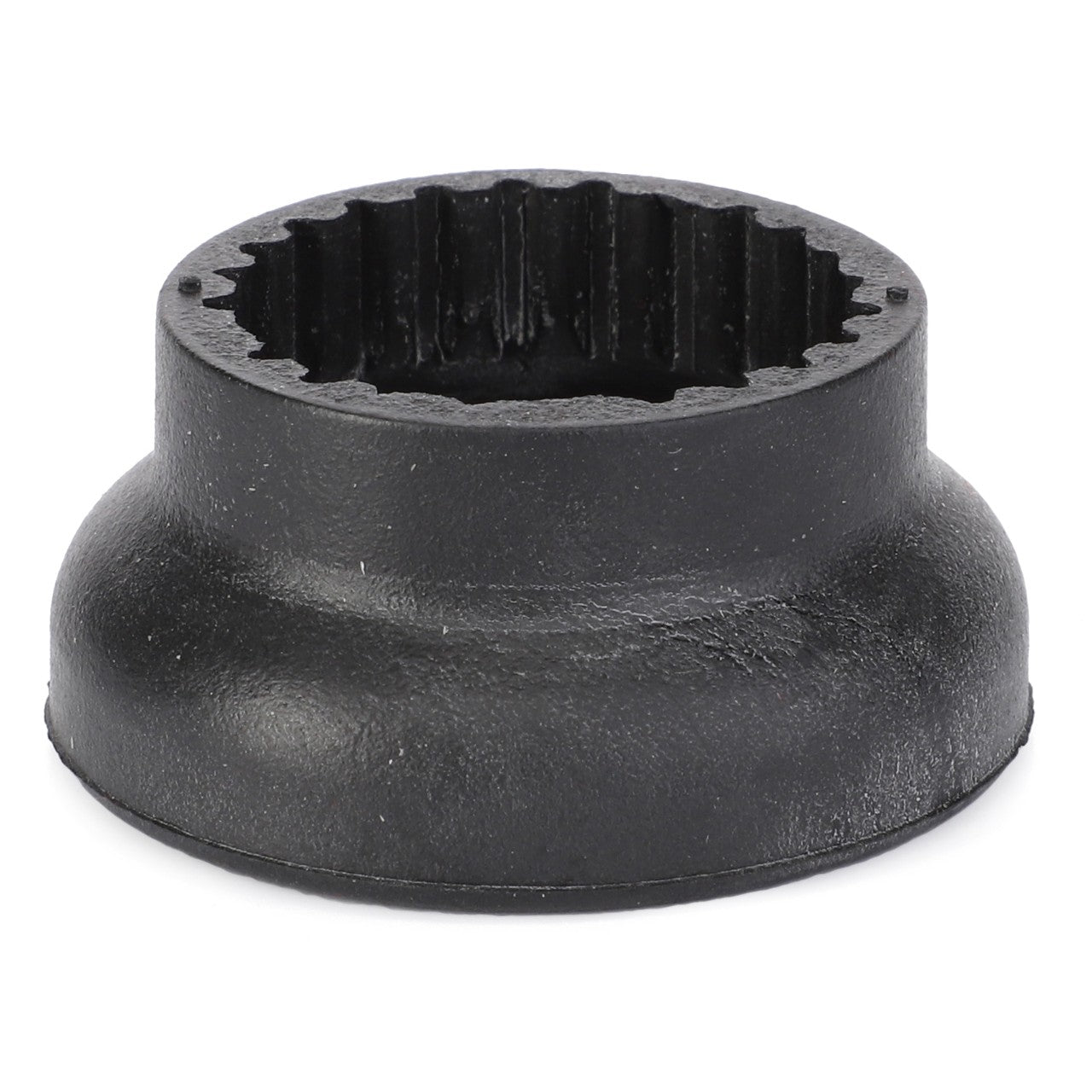 Close-up of the AGCO Bellow for Front Axle Guard & Transmission (3714575M1), showcasing its black metal socket with a ridged interior and tapered exterior, commonly used in automotive or mechanical applications, especially in the maintenance of Valtra or Massey Ferguson equipment.