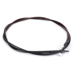 A coiled black cable with a metal tip on one end, compatible with Massey Ferguson models, is available as the AGCO | Control Cable, Loader - Al5020947 by AGCO.