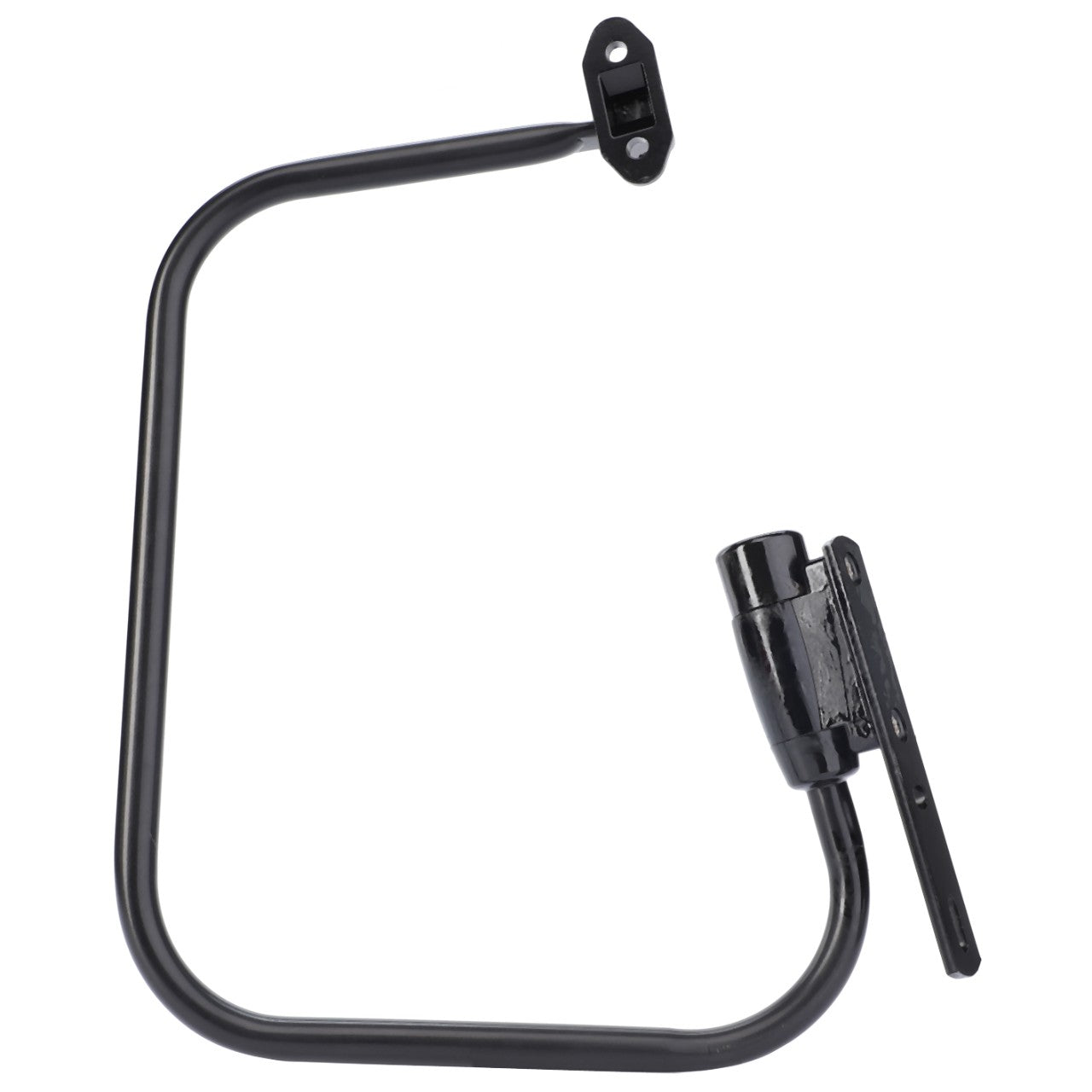 Black metal tube with a rectangular mounting bracket on one end and a cylindrical component on the other, positioned against a white background, resembling AGCO Mirror Arm, Left Side - 3901343M91 designed for tractor safety.