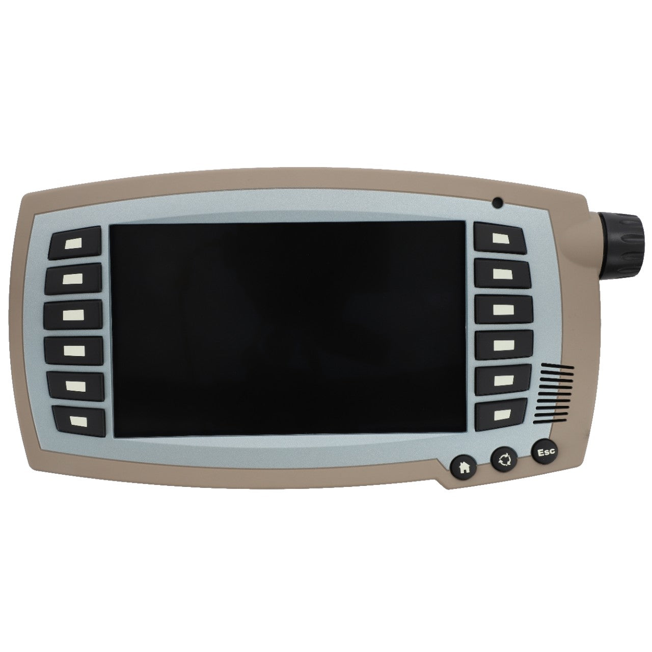 The AGCO | Terminal - Acw075910B is a rectangular electronic device featuring a central screen, multiple black buttons on its sides, and a rotary knob at the top right.