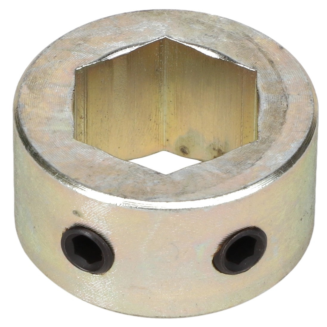 AGCO | LOCK COLLAR - BD0917 is a metallic cylindrical tool fitting with a hexagonal inner shape, featuring two precise hexagonal socket screws on its side for optimal grip.