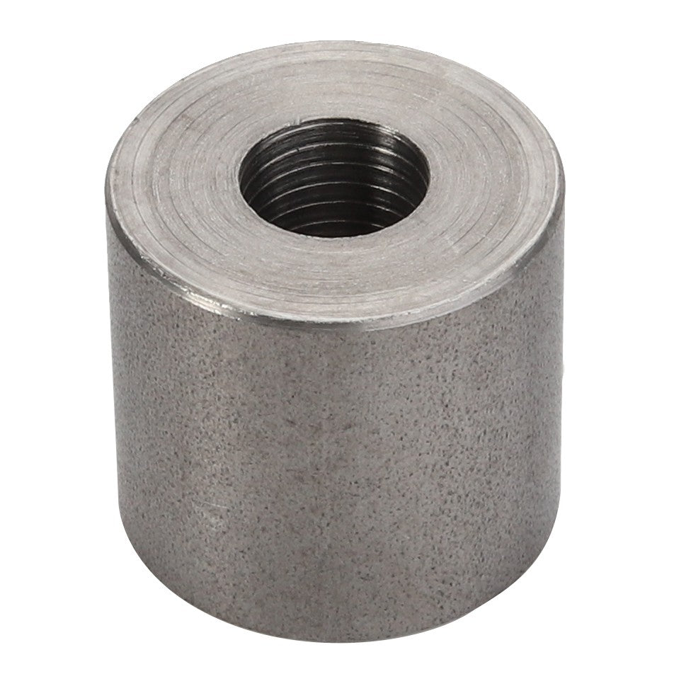 The AGCO Spacer Piece - V836119296 is a cylindrical metal spacer featuring a hollow threaded center hole, ideal for use in machinery or structural applications.