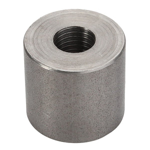 The AGCO Spacer Piece - V836119296 is a cylindrical metal spacer featuring a hollow threaded center hole, ideal for use in machinery or structural applications.