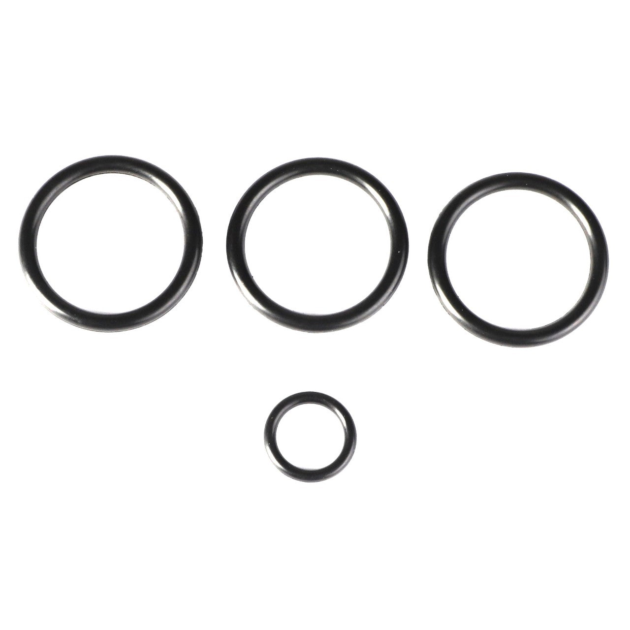 The AGCO | Seals Kit - Acp0361250 consists of four black circular O-rings in varying sizes arranged in a triangular formation, with three larger rings positioned on top and one smaller ring centered below.