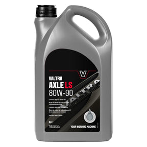 A 5-liter container of high-performance Valtra Axle LS 80W-90 limited slip gear oil by AGCO, featuring a handle on the top and product information written in white on a black label, with the product code VACC3020.