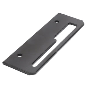 Introducing the AGCO | Shield - Acw013975B: a rectangular black metal plate featuring two holes and a cutout section along one side, specifically designed for use with Massey Ferguson machinery.