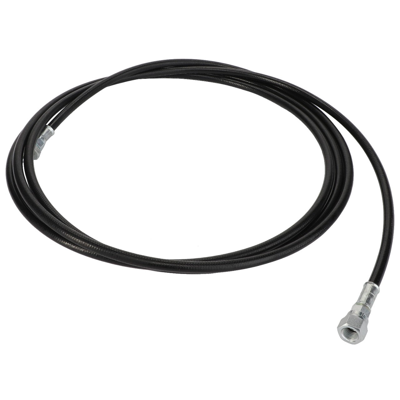 The AGCO Grease Line - Acx2771780 is a coiled black hose featuring sturdy metal connectors on each end.