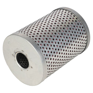 A AGCO Filter - 535040M1, a cylindrical metal air filter with perforations and a central hole for installation, commonly used in the Massey Ferguson hydraulic system.