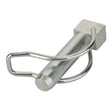 The AGCO Locking Pin - Acp0425480 is a silver hitch pin featuring a square head and a curved safety clip attached. No current product description is available.