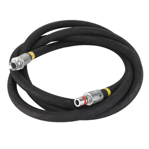 Introducing the AGCO | HOSE - AL9032514: a black, coiled hydraulic hose with metal connectors at both ends.