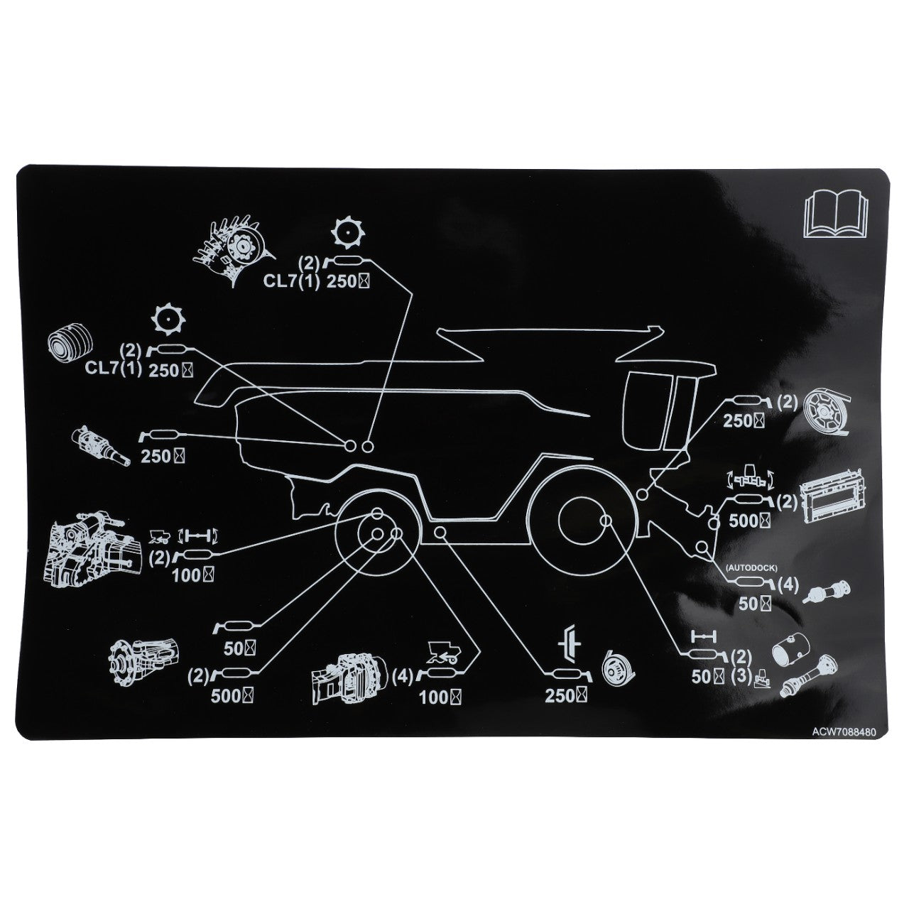 A diagram illustrating various mechanical parts and their positions on heavy machinery, outlined in white on a black background. No current product description is available for the AGCO | Decal, Grease - Acw7088480 schematic.