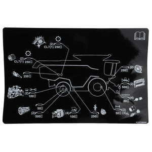 A diagram illustrating various mechanical parts and their positions on heavy machinery, outlined in white on a black background. No current product description is available for the AGCO | Decal, Grease - Acw7088480 schematic.