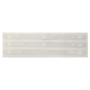 The AGCO | Decal - Acp0423850 features three white printed labels on a transparent background. These labels display the numbers "1000," "N," "540 ECO," and "540" alongside the terms "NORM." and "PROP." at the bottom.