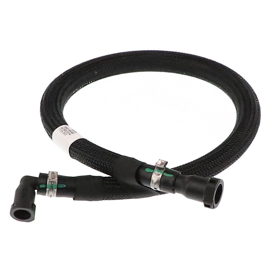 The AGCO | Fuel Hose - Acw0518140, a black braided flexible hose from the brand AGCO, comes with angled and straight connectors on both ends, includes clamps, and features a white label. Currently, there is no product description information available.