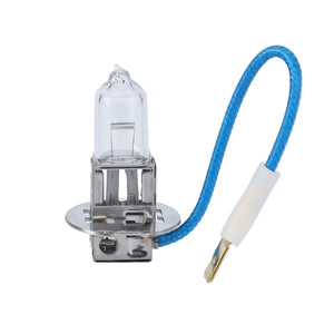 An AGCO 12V 55W H3 halogen light bulb, model AG331695, featuring a blue insulated wire attached to its metal base and crafted from high-grade manufacturing materials.