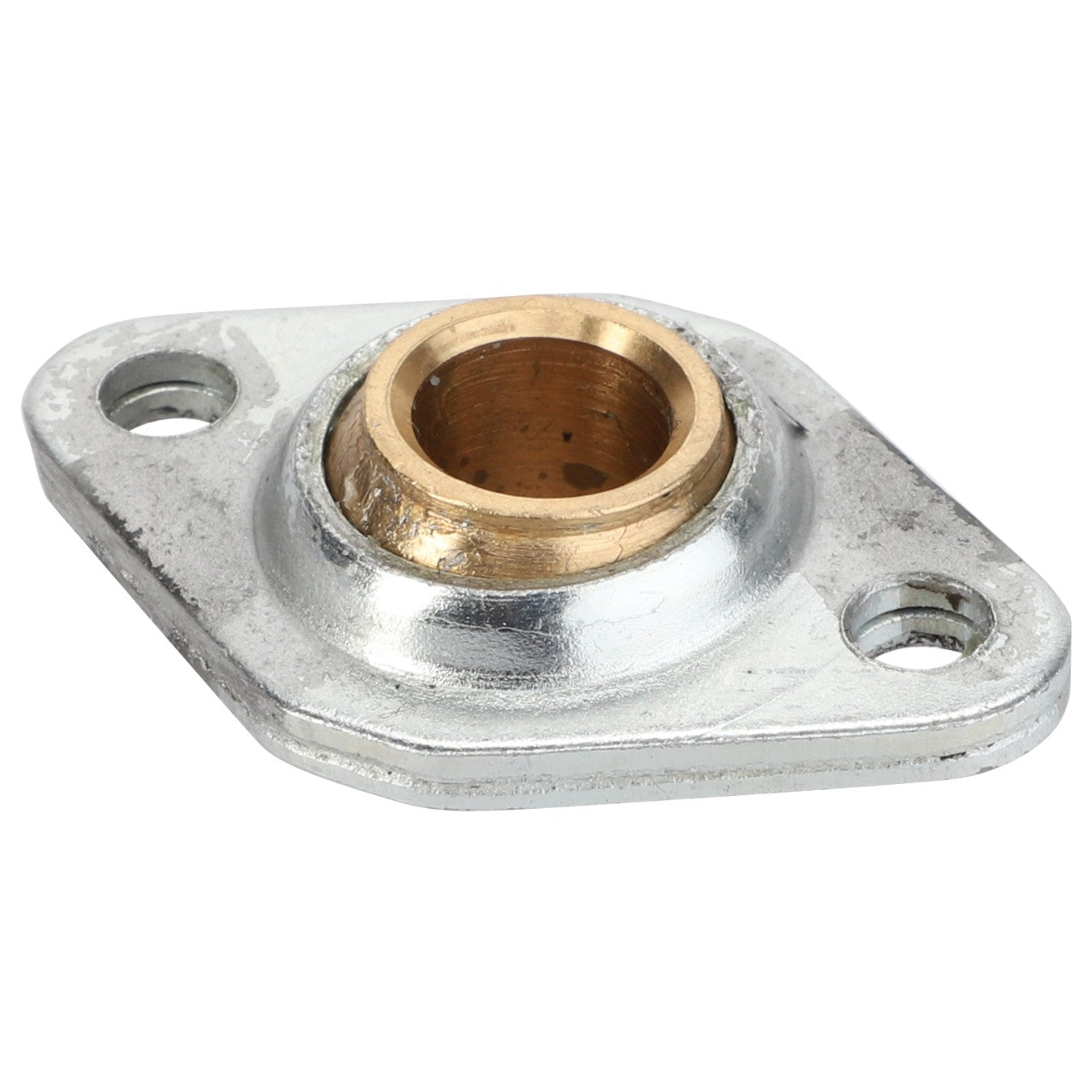 Product Description: The AGCO Ball Joint - F716100090030 is a metallic flanged bushing designed with two mounting holes and a central cylindrical opening for accommodating a shaft.