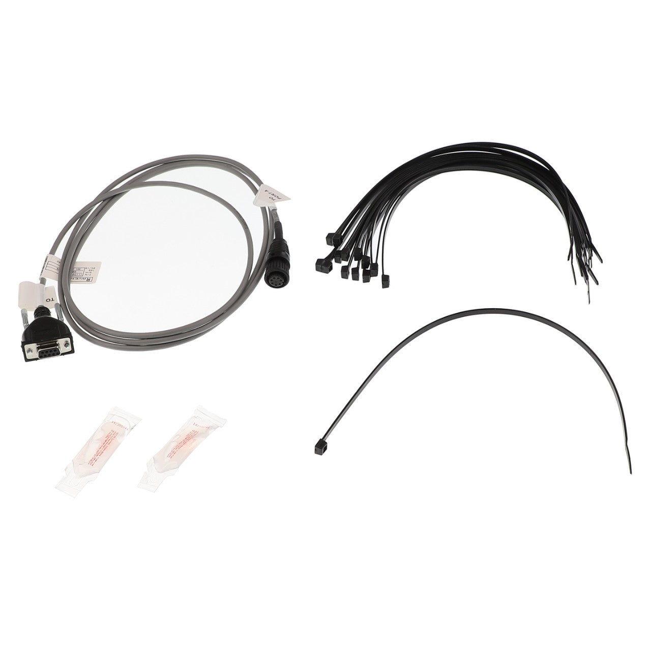 Assorted electrical components including an AGCO | DATA CABLE - AG123946, multiple black zip ties, one long black cable tie, and two small packaged items, all displayed on a white background.