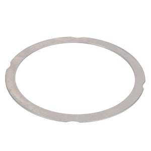 A flat, circular metal washer with a hole in the center often used in mechanical assemblies. Product: AGCO | Ring, For Cylinder Head Height Compensation - F390200210100.
