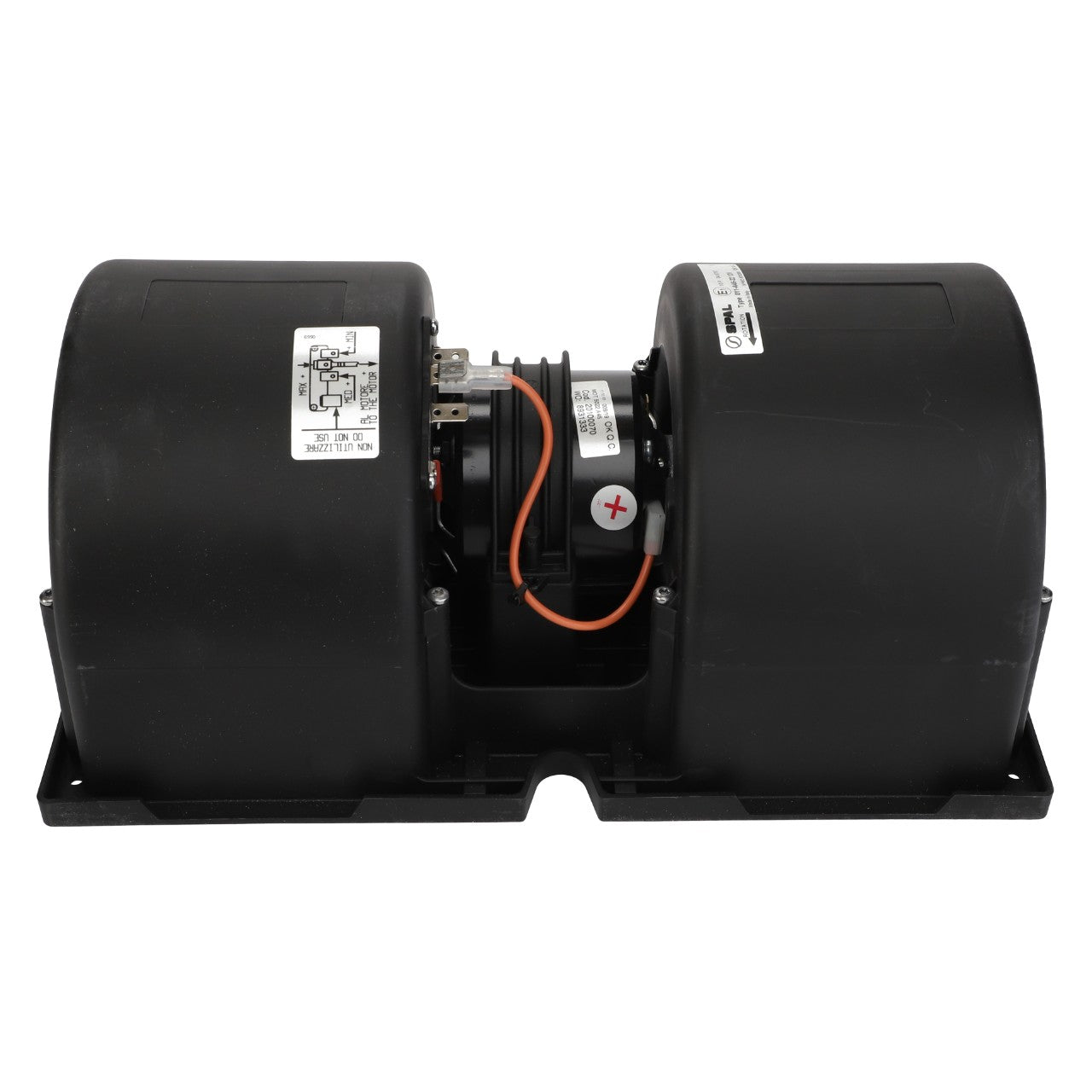 A black AGCO Blower - Acw1652900 dual blower motor assembly with visible wiring and labels, all securely mounted on a rectangular base.