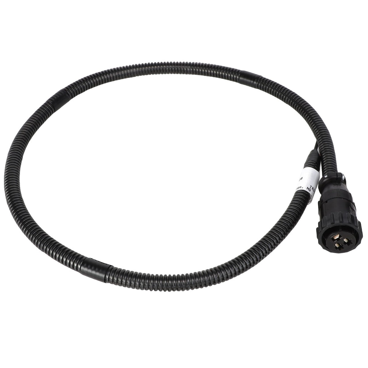 The AGCO | POWER HARNESS - AG233356 is a coiled black cable with a connector at one end, featuring three visible pins, isolated on a white background.