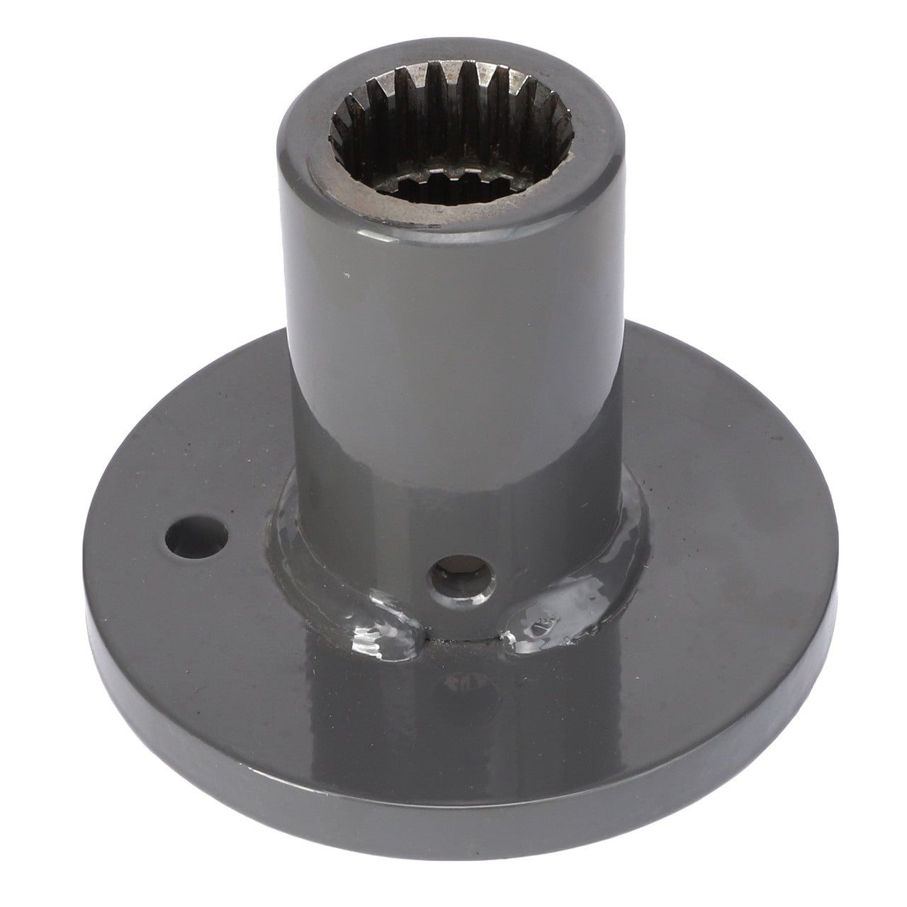 The AGCO INNER HUB - ACW1917070 is a cylindrical metal component with a circular base featuring multiple holes and gear-like teeth inside the top opening.