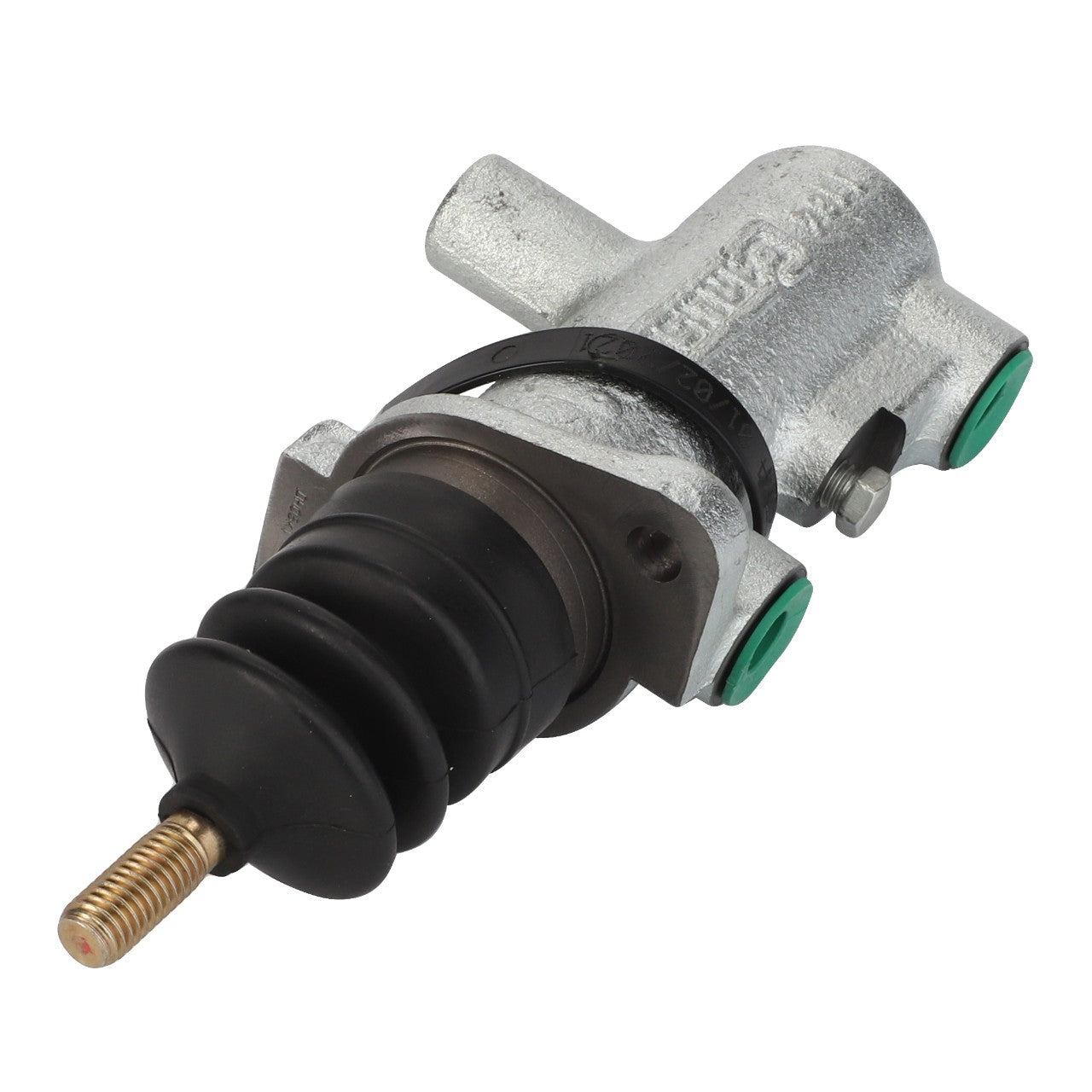 The AGCO Clutch Master Cylinder - Acw015654A from AGCO is a metal hydraulic cylinder featuring a threaded rod end, black rubber boot, and two green-capped ports. No current product description available.