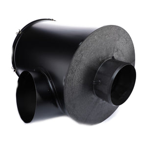 The AGCO | CLEANER - AG122214 is a black metal industrial ductwork component featuring a cylindrical shape with two connecting openings and a widened base, designed to integrate seamlessly with AGCO Genuine Air Filters to enhance engine filtration and reduce environmental contaminants.