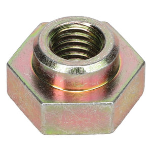 Close-up image of an AGCO Collar Nut - Acp0086640, a hexagonal metal component with a threaded interior, displaying a slight yellowish tint on the surface.