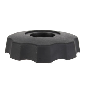 Product Description for AGCO | Knob - Acp0437930: A black plastic round knob with a hollow center and smooth, wavy edges.