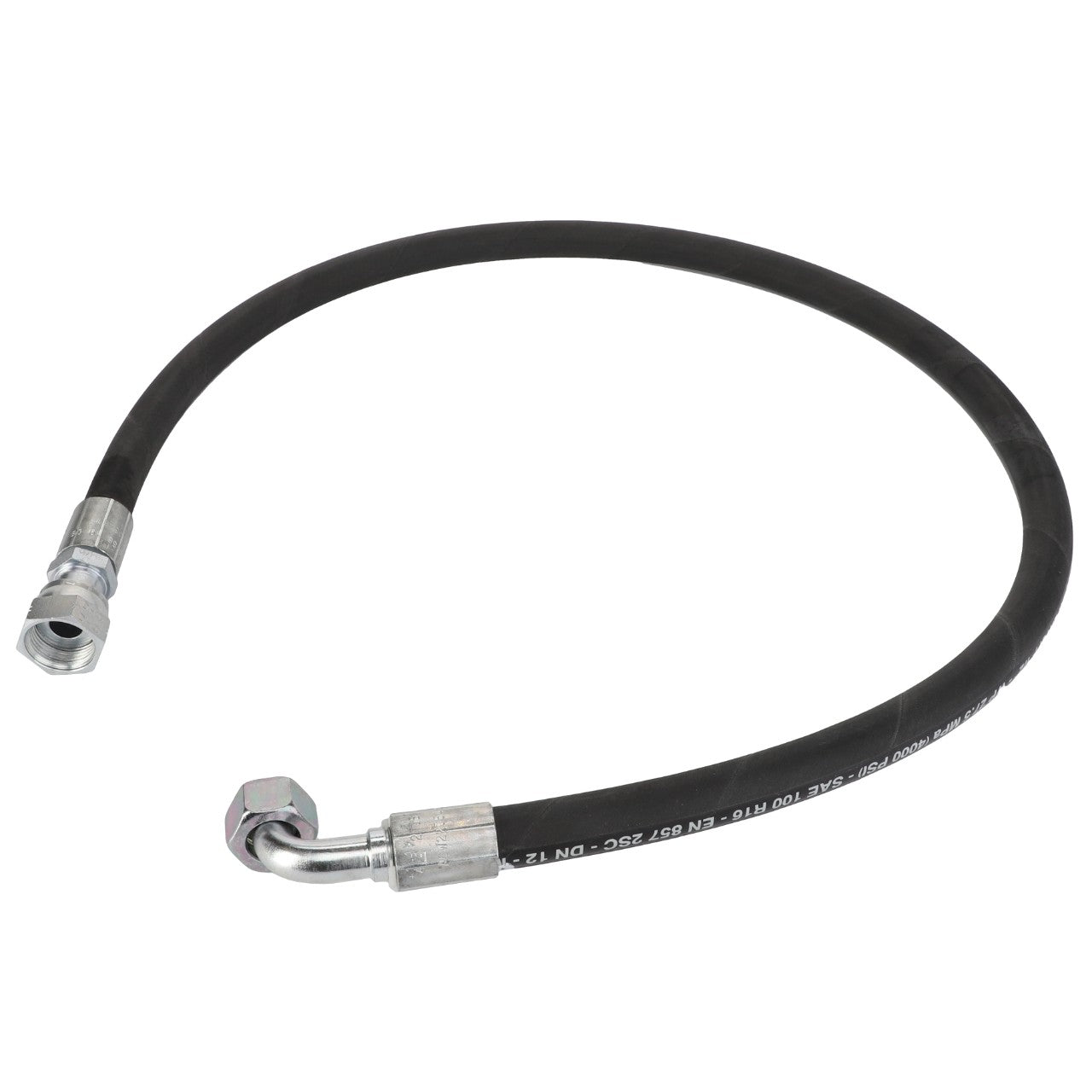 The AGCO branded ACW2205480 Hose is a black, flexible hydraulic hose featuring metal connectors on both ends—one straight and one angled. Currently, no additional product description information is available.