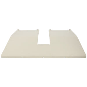 The AGCO | PLATE - D28285811, branded by AGCO, is a flat, rectangular beige metal panel featuring a U-shaped cutout in the center and four mounting tabs along the upper edge.