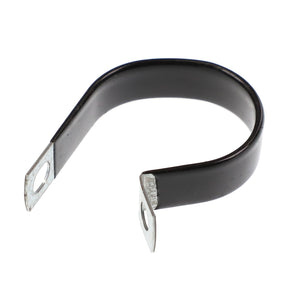 The AGCO HOSE CLAMP - AG561793 is a metal P-clip featuring a black rubber coating and two mounting holes on each end. No current product description information is available.