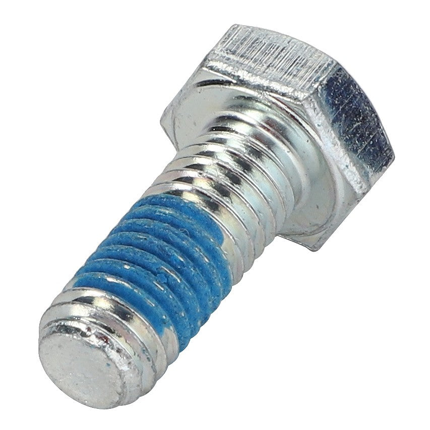 A close-up image of the AGCO | HEXAGONAL HEAD BOLT - 0901-30-45-00 with blue threadlocker material applied to part of its threaded section. No current product description information is available for this AGCO bolt.