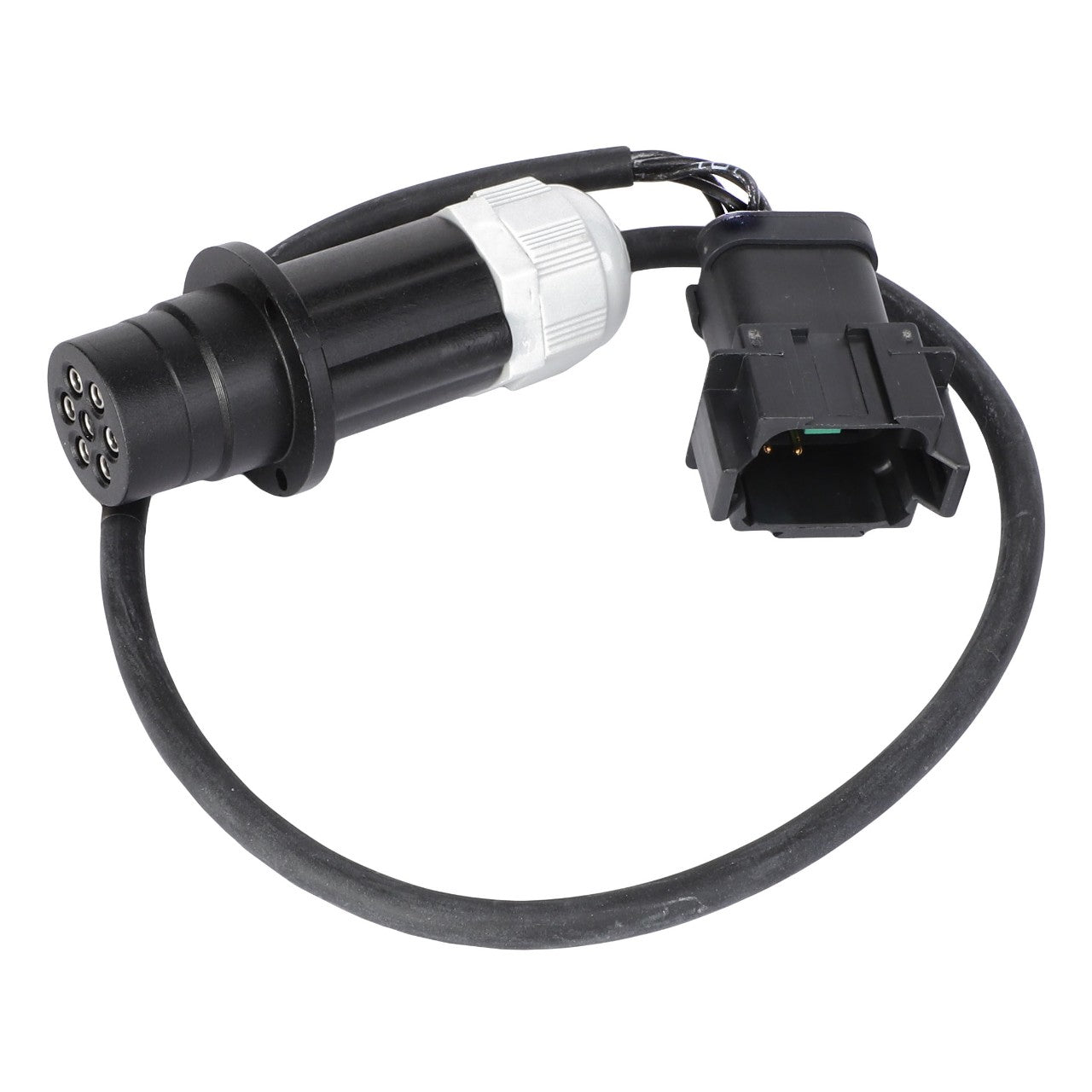 The AGCO Harness - Acp0299190, a black electrical connector cable with a circular multi-pin connector on one end and a rectangular plug on the other, is currently available.