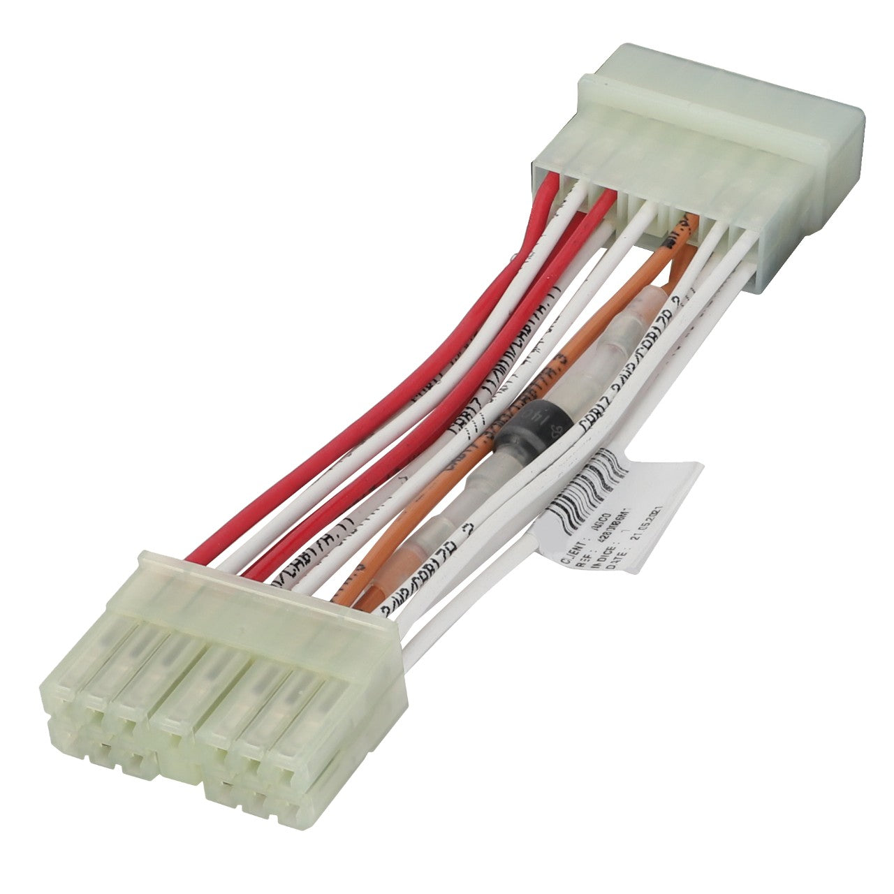 Image of the AGCO Harness - 4280086M1 featuring multiple colored wires and white plastic connectors at both ends. No current product description available.