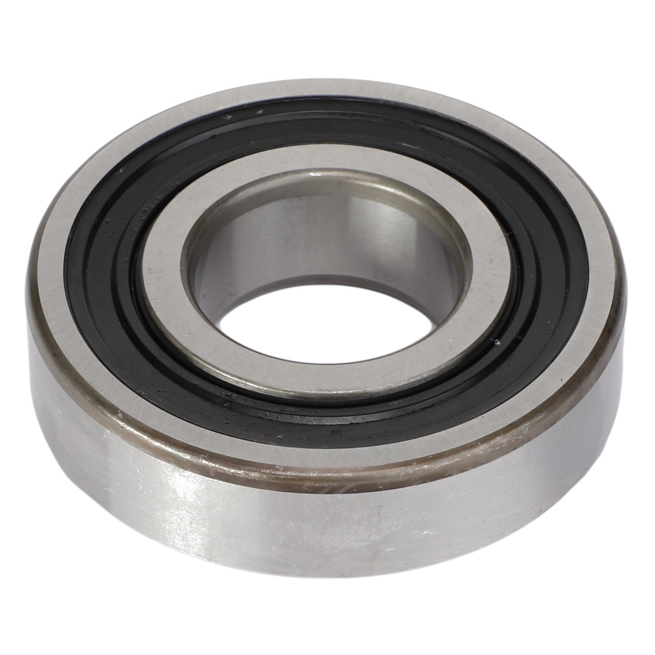 The AGCO | Ball Bearing - 9-1001-0056-6 by AGCO features a black inner ring and a silver outer ring, commonly employed in machinery to minimize both radial and axial loads.