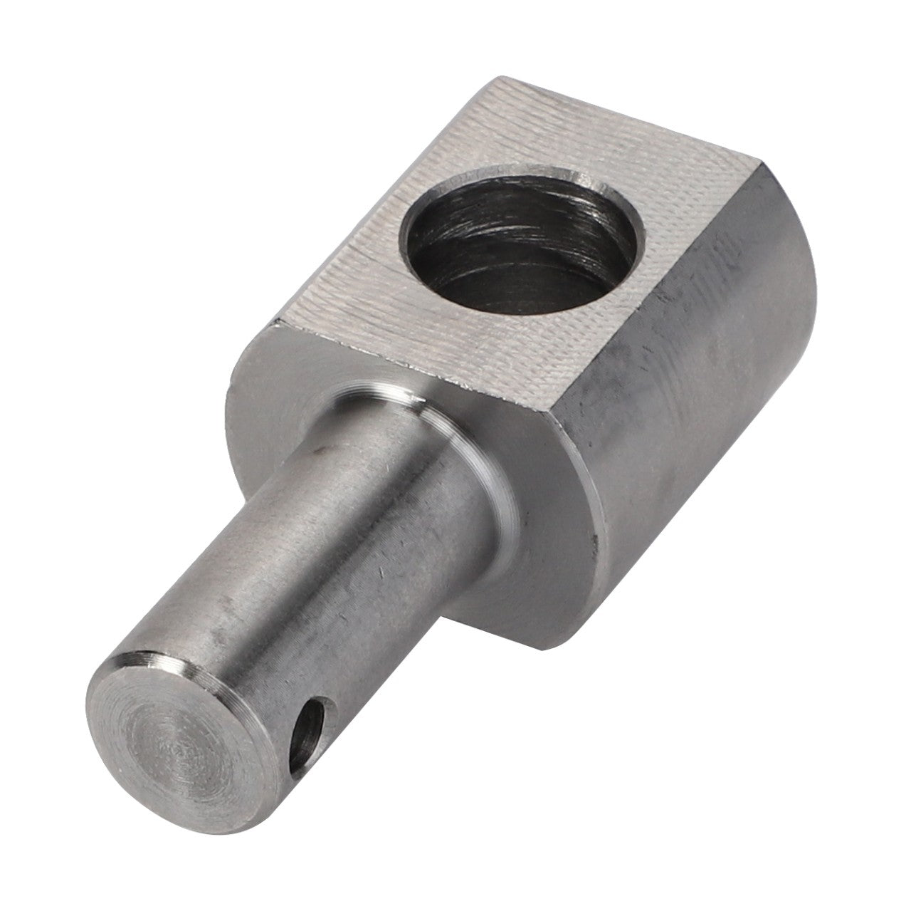 The AGCO | Knuckle - La300136131 is a metal cylindrical component featuring a threaded hole, a pinhole, and a round shaft on one end, commonly used in mechanical assemblies for Massey Ferguson models.