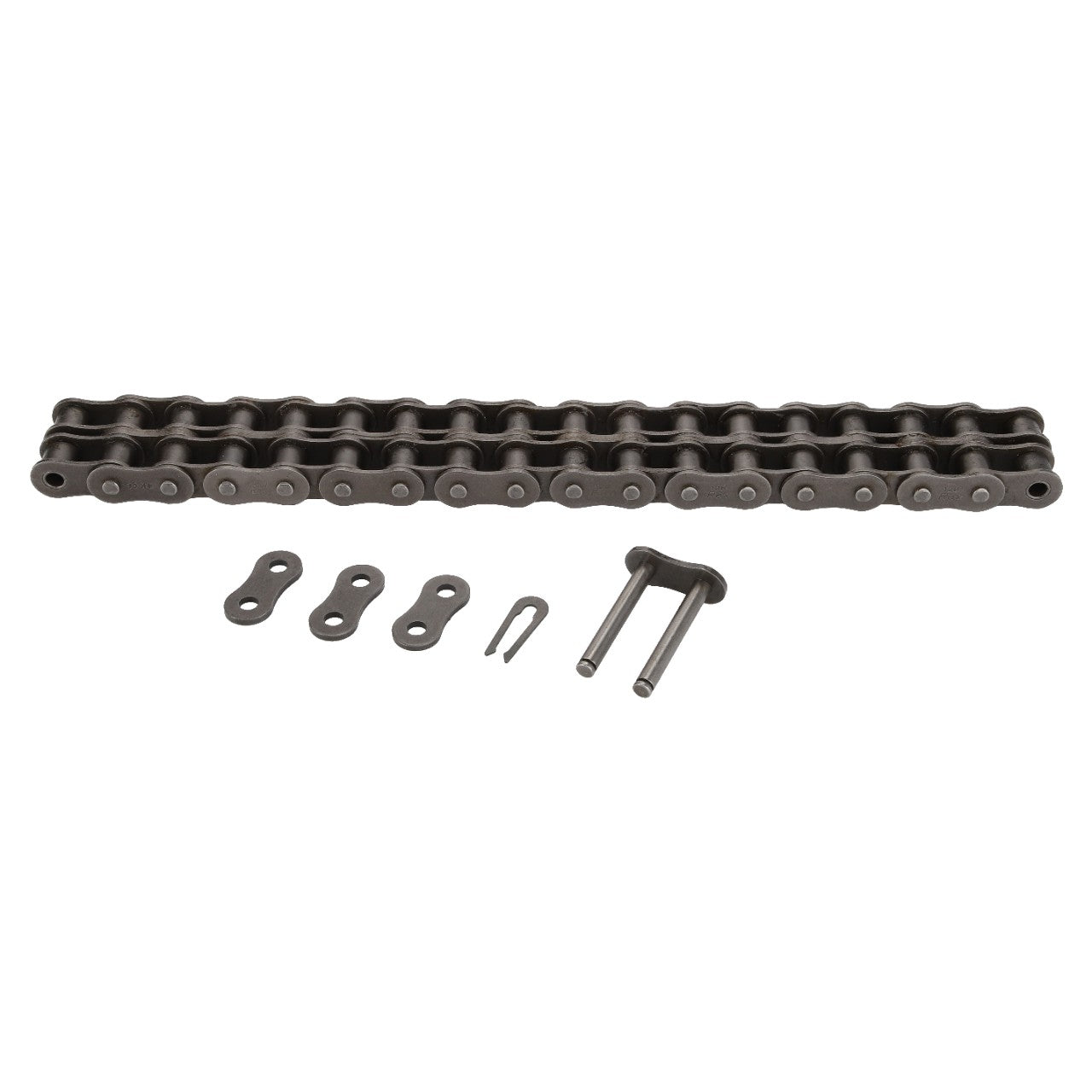 The AGCO Chain Primary Transmission - 700056134, a metal roller chain with high fatigue strength, includes four connecting links, a cotter pin, and two link pins, all displayed on a white background.