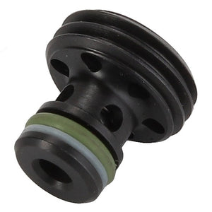 Close-up of the AGCO Check Valve - F650963020040, a sleek black cylindrical object with multiple circular holes, featuring vibrant green and blue rings near the base.