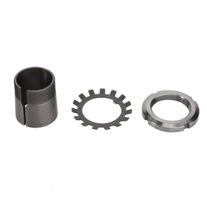 Image of the AGCO Sleeve Bearing - Acw1675590, a three-piece bicycle bottom bracket locking set, including a threaded sleeve, lock washer, and lock ring, arranged in a row. No Current Product Description Information Available.