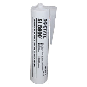 A white tube of AGCO | Loctite® 5900™ Flange Sealant Heavy Body RTV Silicone - ACP0039750 with a pointed nozzle and black text detailing specifications, now featuring an advanced formulation for optimal performance.