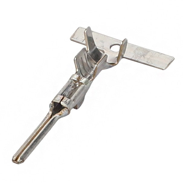 Displayed against a white background, the AGCO Electrical Terminal - Acp0672940—a metallic connector with a pin and flat blade design—offers precision and reliability. No current product description is available for this item by AGCO.