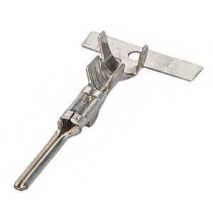 Displayed against a white background, the AGCO Electrical Terminal - Acp0672940—a metallic connector with a pin and flat blade design—offers precision and reliability. No current product description is available for this item by AGCO.