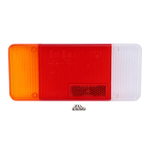 The AGCO Lamp Lens, Rear, Left Side (product code AG711449) is a rectangular vehicle tail light featuring durable sections in yellow, red, and clear designed for all-weather conditions. It comes with four screws placed below it for secure installation.